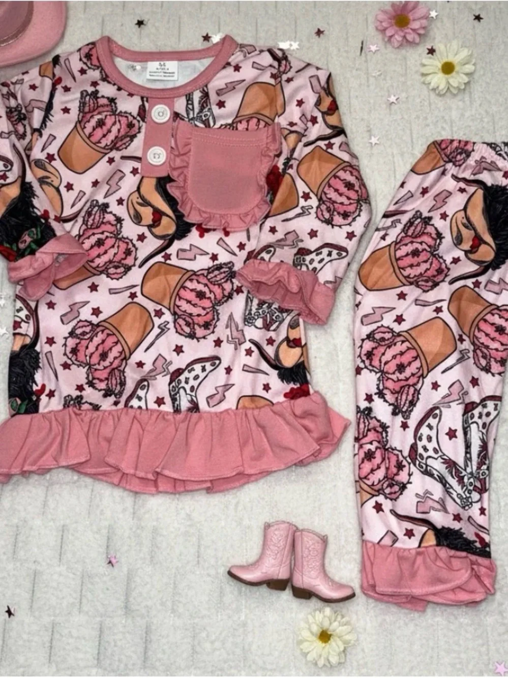 Pink Cowboy Boot Ruffle Pajama Set